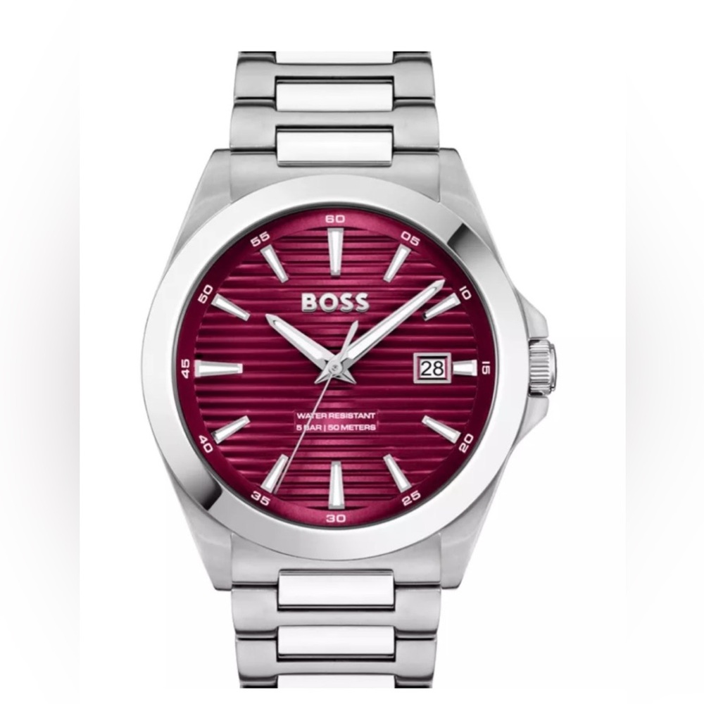 BOSS
Strike Silver Bracelet Red Dial Watch New w Box